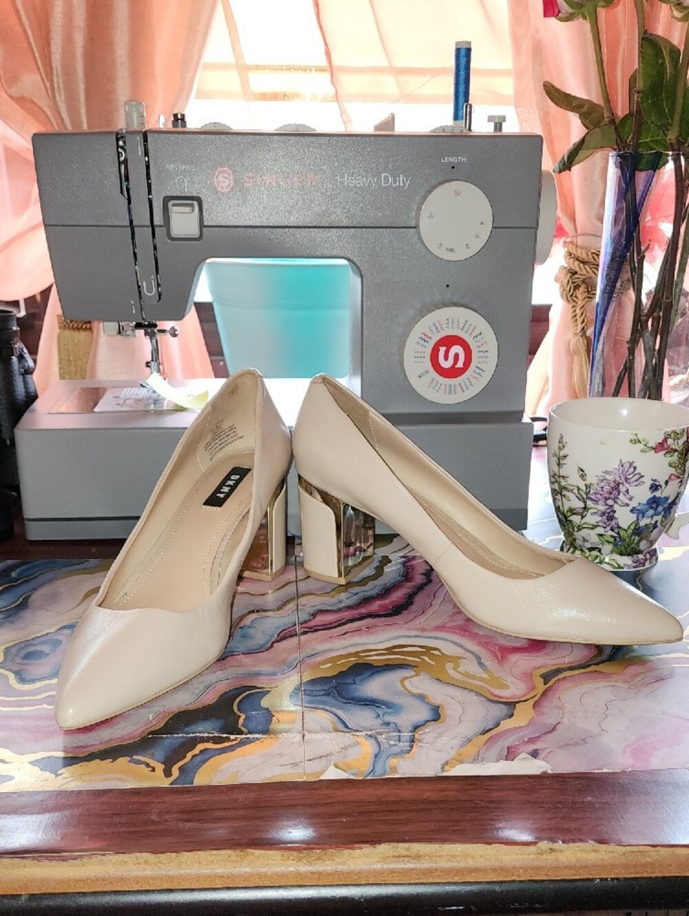 DKNY Tan Block Heel Pumps with Gold M Metal Plate Trim Logo Band